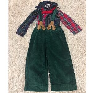 Mud Pie Kids Plaid Shirt Corduroy Suspender Pants Set 6-9M Red Green Blue